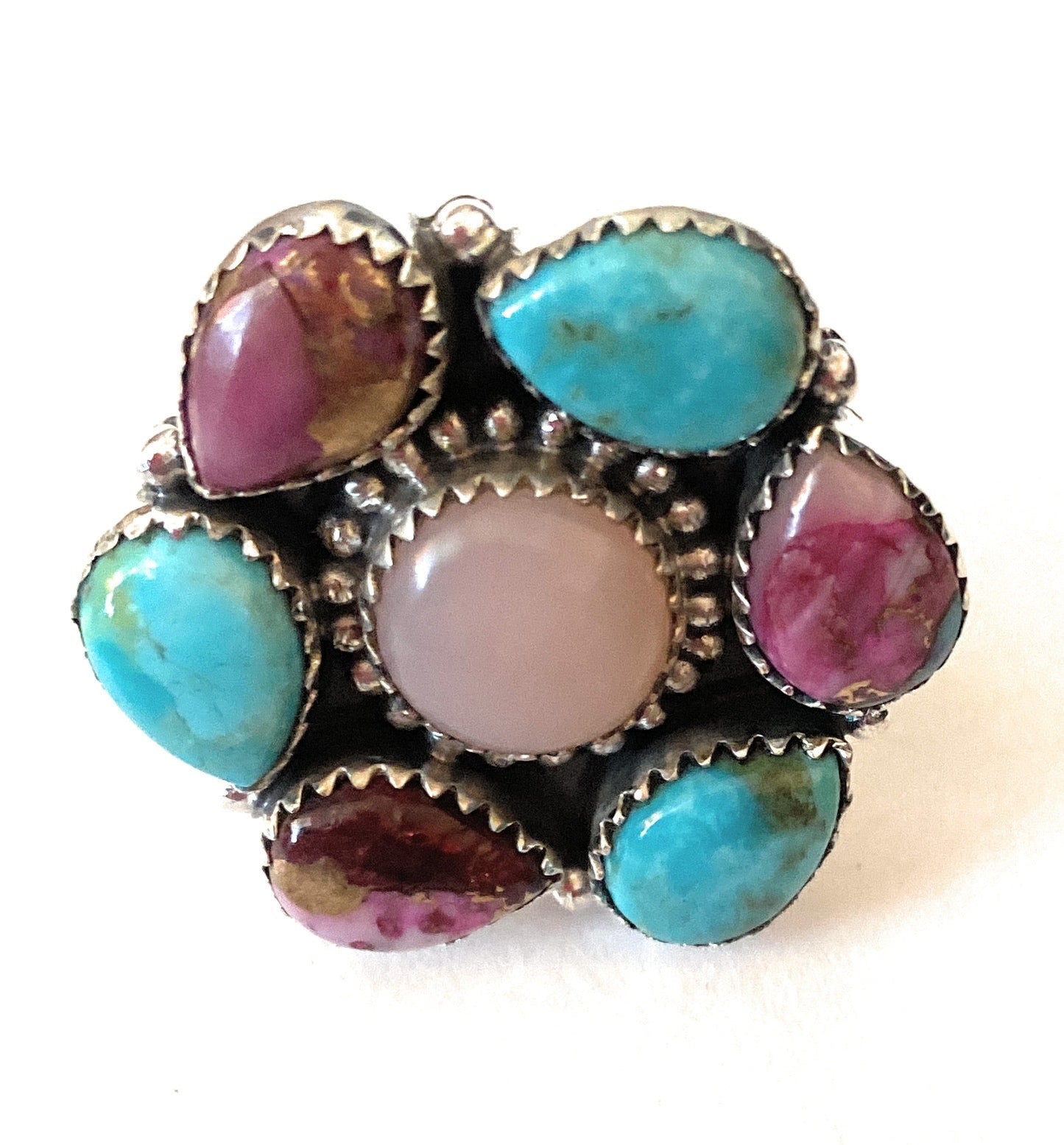 Handmade Sterling Silver & Multi Stone Cluster Adjustable Ring