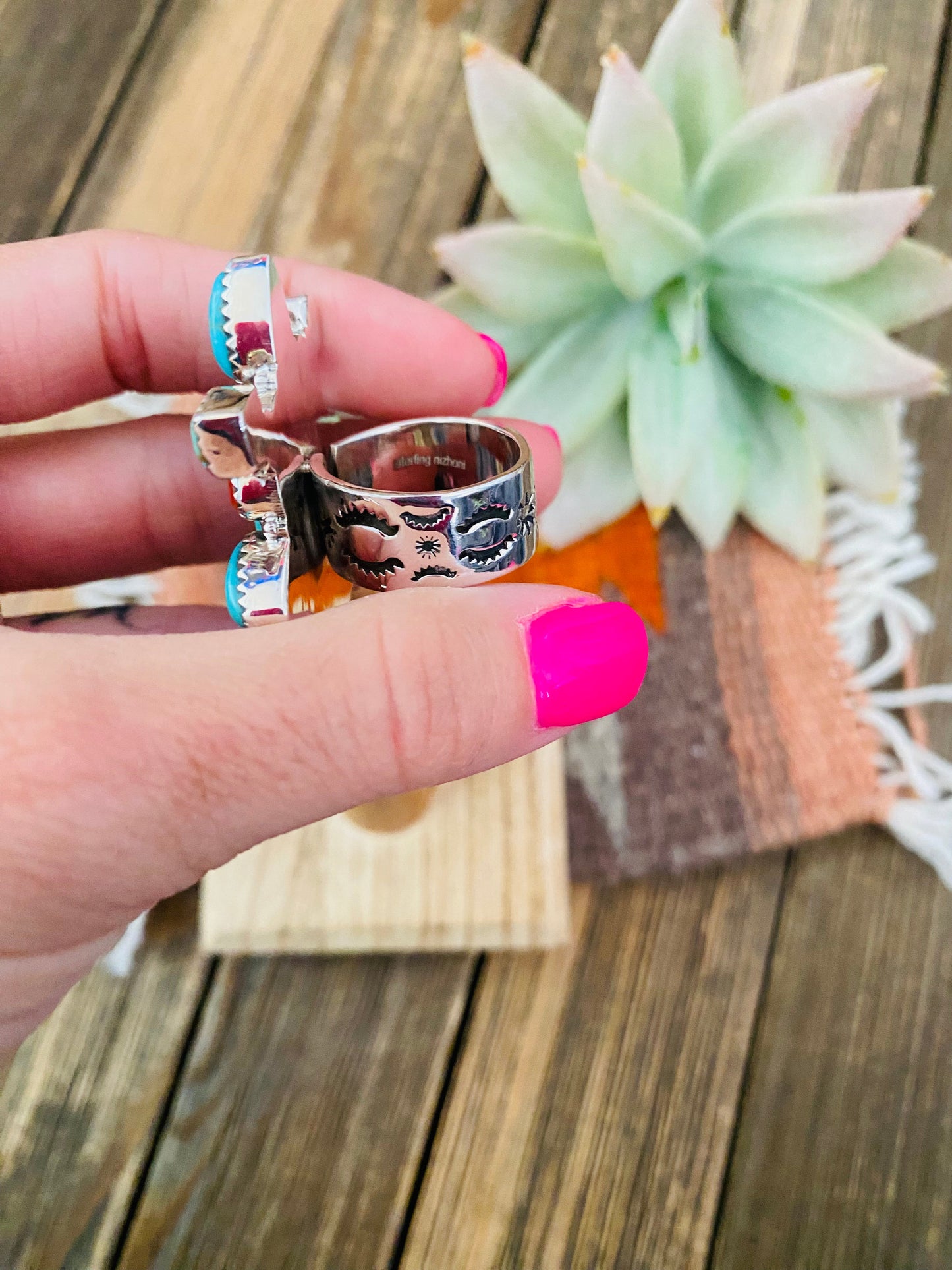 Handmade Sterling Silver, Turquoise & Coral Cluster Adjustable Ring