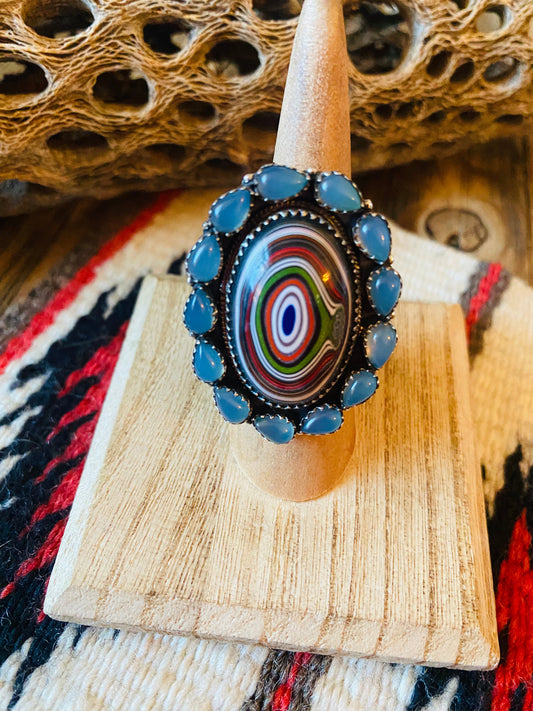 Handmade Sterling Silver, Fordite & Blue Chalcedony Cluster Adjustable Ring