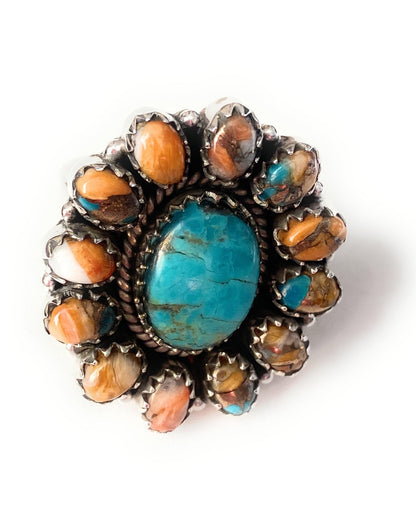 Handmade Sterling Silver, Spice & Turquoise Cluster Adjustable Ring