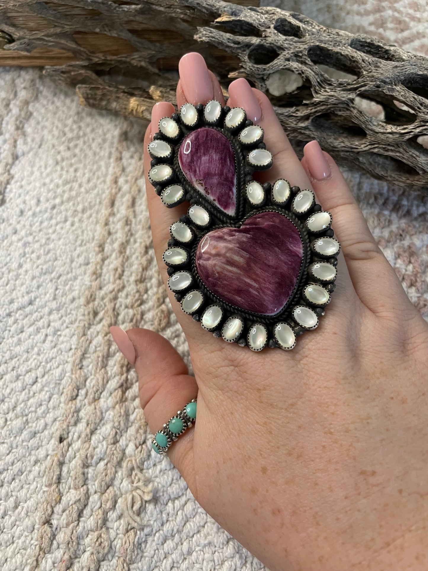 Navajo Mother Of Pearl And Purple Spiny Sterling Silver Adjustable Ring