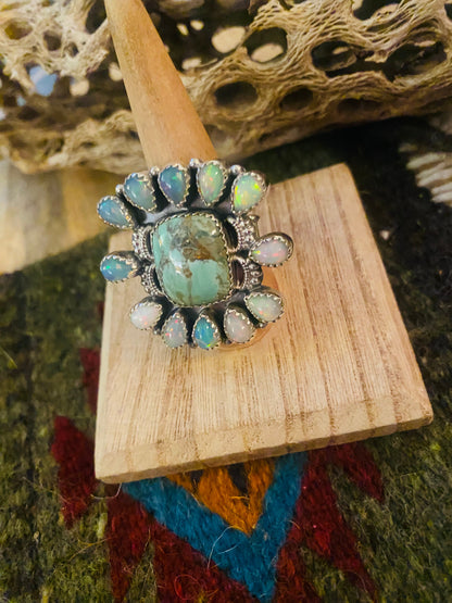 Handmade Sterling Silver, Variscite & Opal Cluster Adjustable Ring