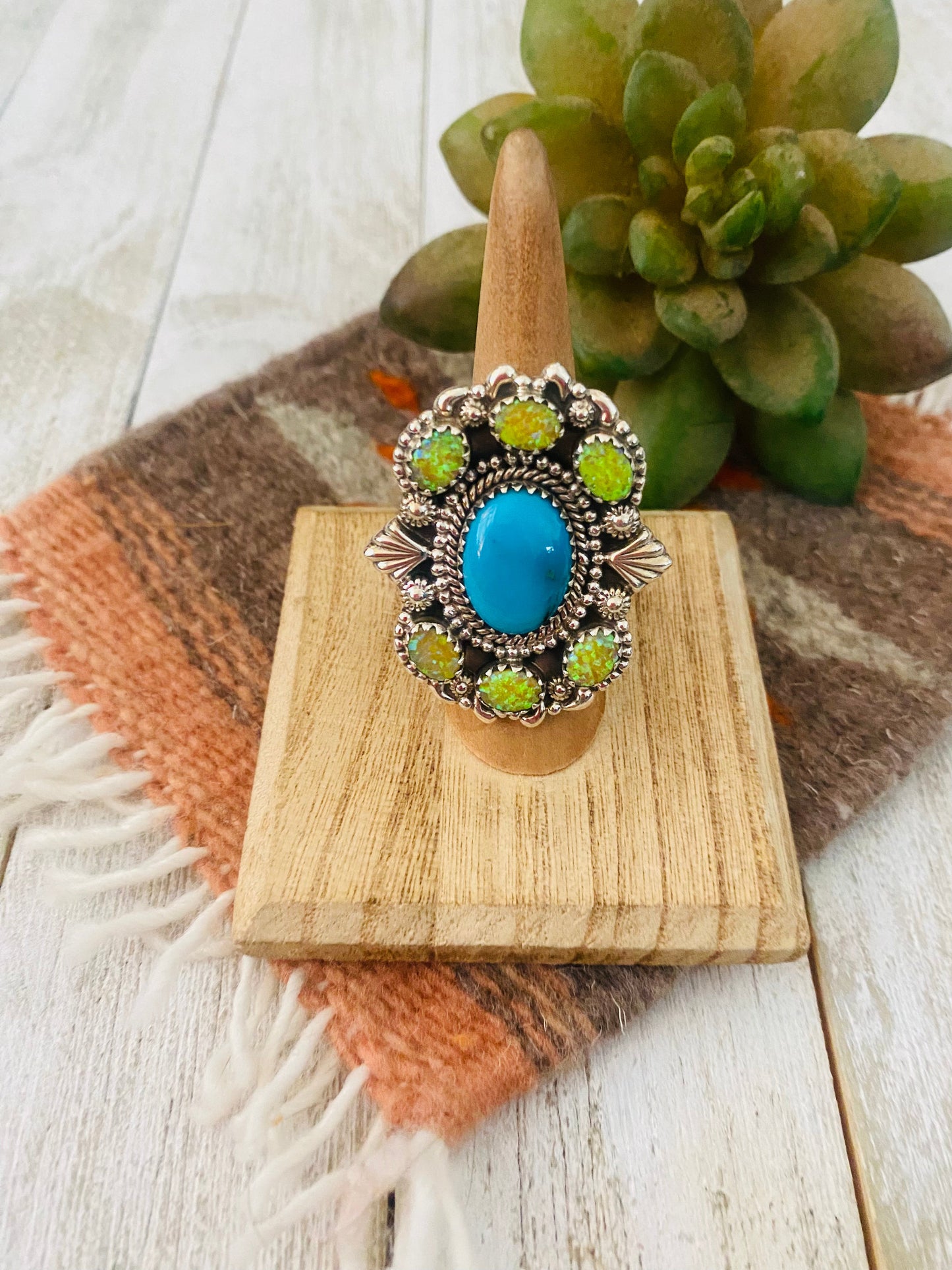 Handmade Sterling Silver, Turquoise & Opal Cluster Adjustable Ring