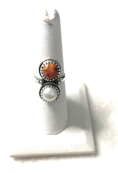 Handmade Apple Coral & Pearl Ring Size 7.5