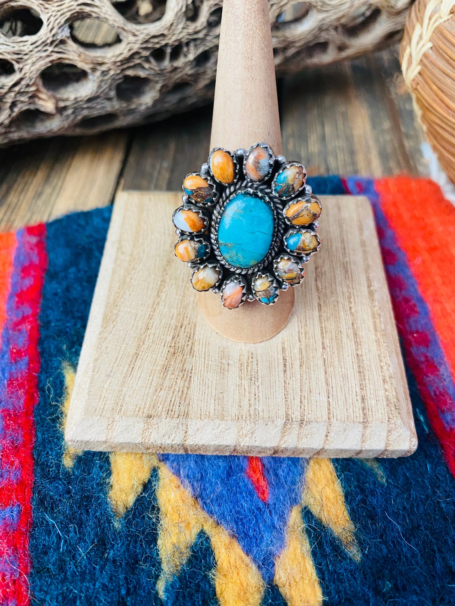 Handmade Sterling Silver, Spice & Turquoise Cluster Adjustable Ring