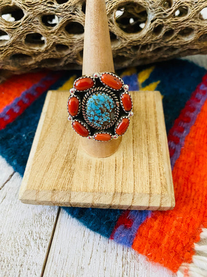 Handmade Sterling Silver, Coral & Number 8 Turquoise Cluster Adjustable Ring