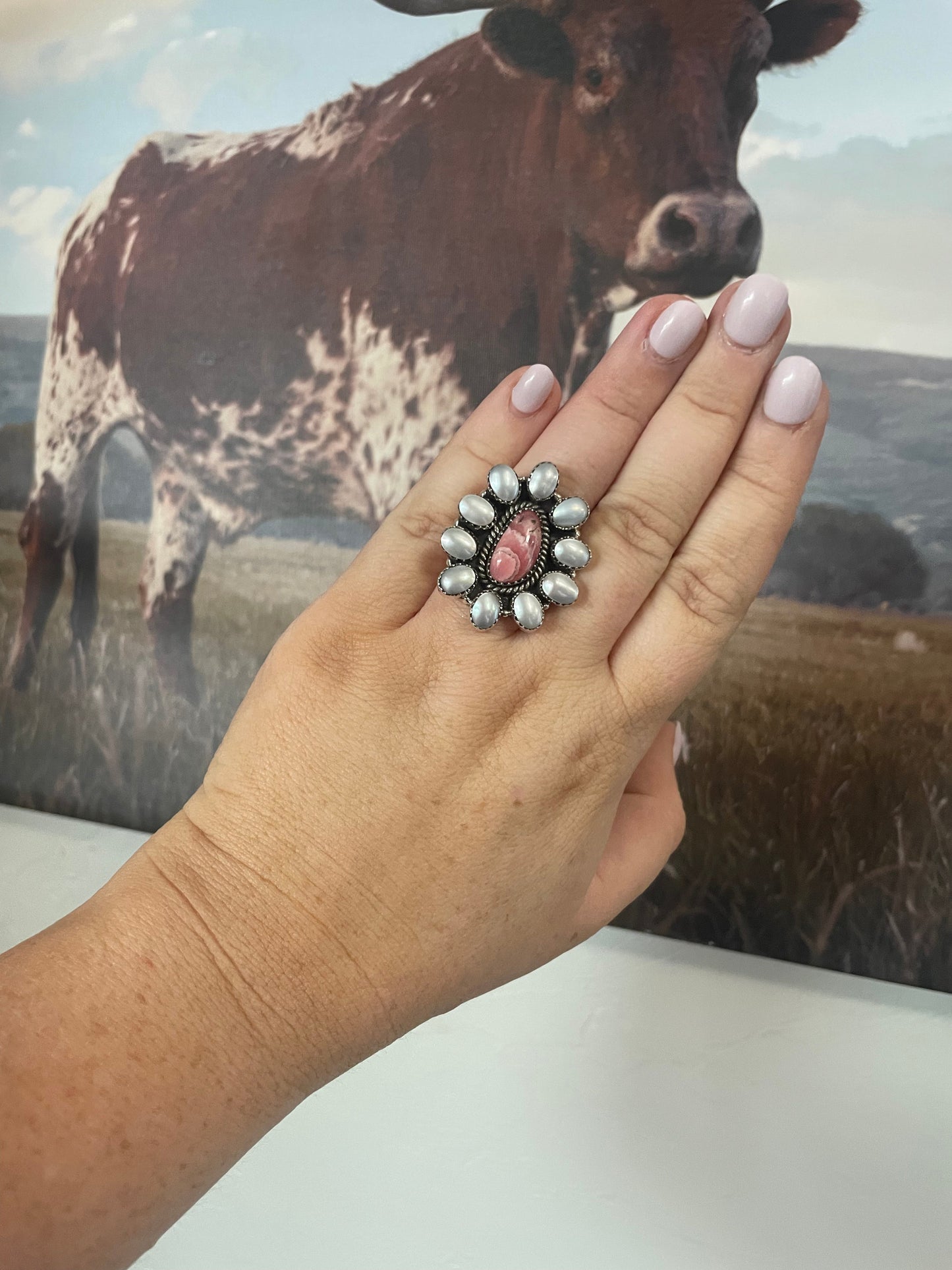 Handmade Sterling Silver, Mother of Pearl & Rhodochrosite Cluster Adjustable Ring Signed Nizhoni