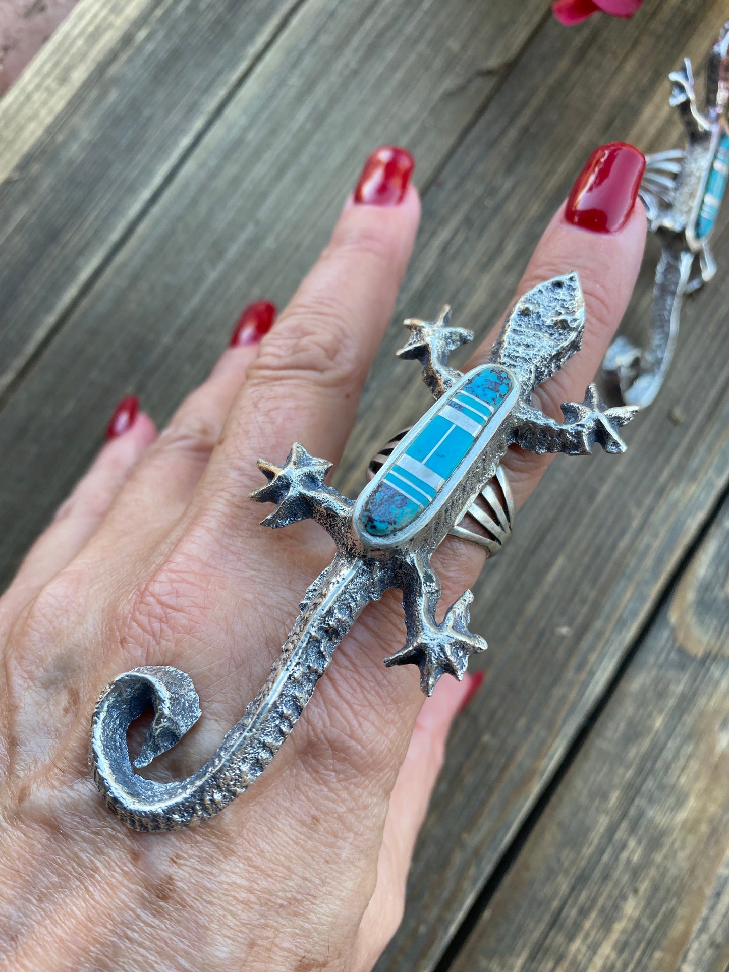 Navajo Turquoise& Sterling Silver Inlay Gecko Ring