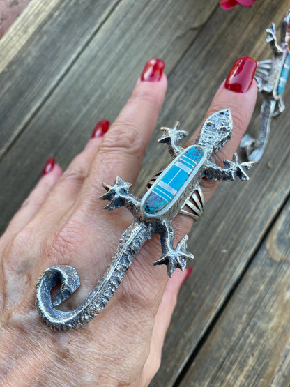 Navajo Turquoise& Sterling Silver Inlay Gecko Ring