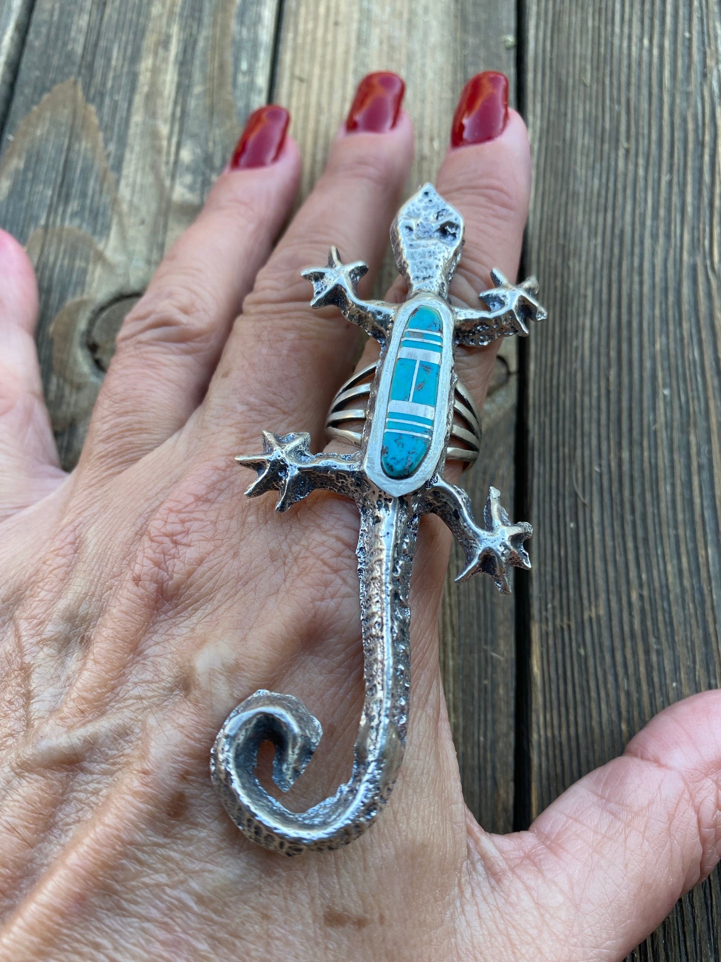 Navajo Turquoise& Sterling Silver Inlay Gecko Ring