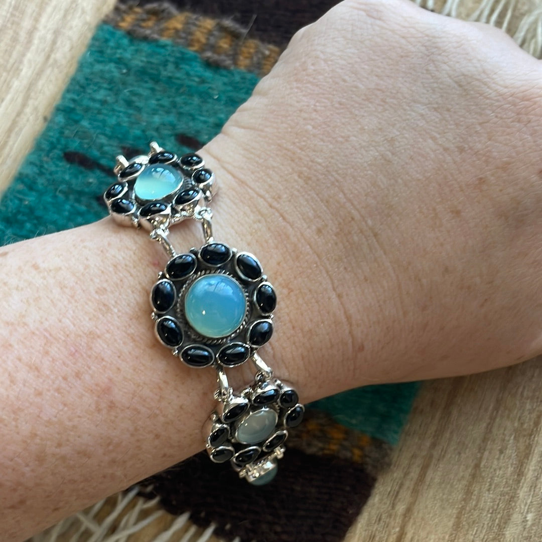 Handmade Sterling Silver, Onyx & Aqua Calcedony Link Bracelet Signed Nizhoni