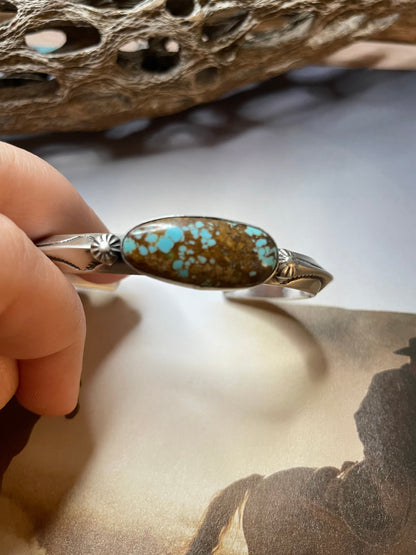 Navajo Hand Stamped Sterling Silver & Turquoise Cuff Bracelet Signed