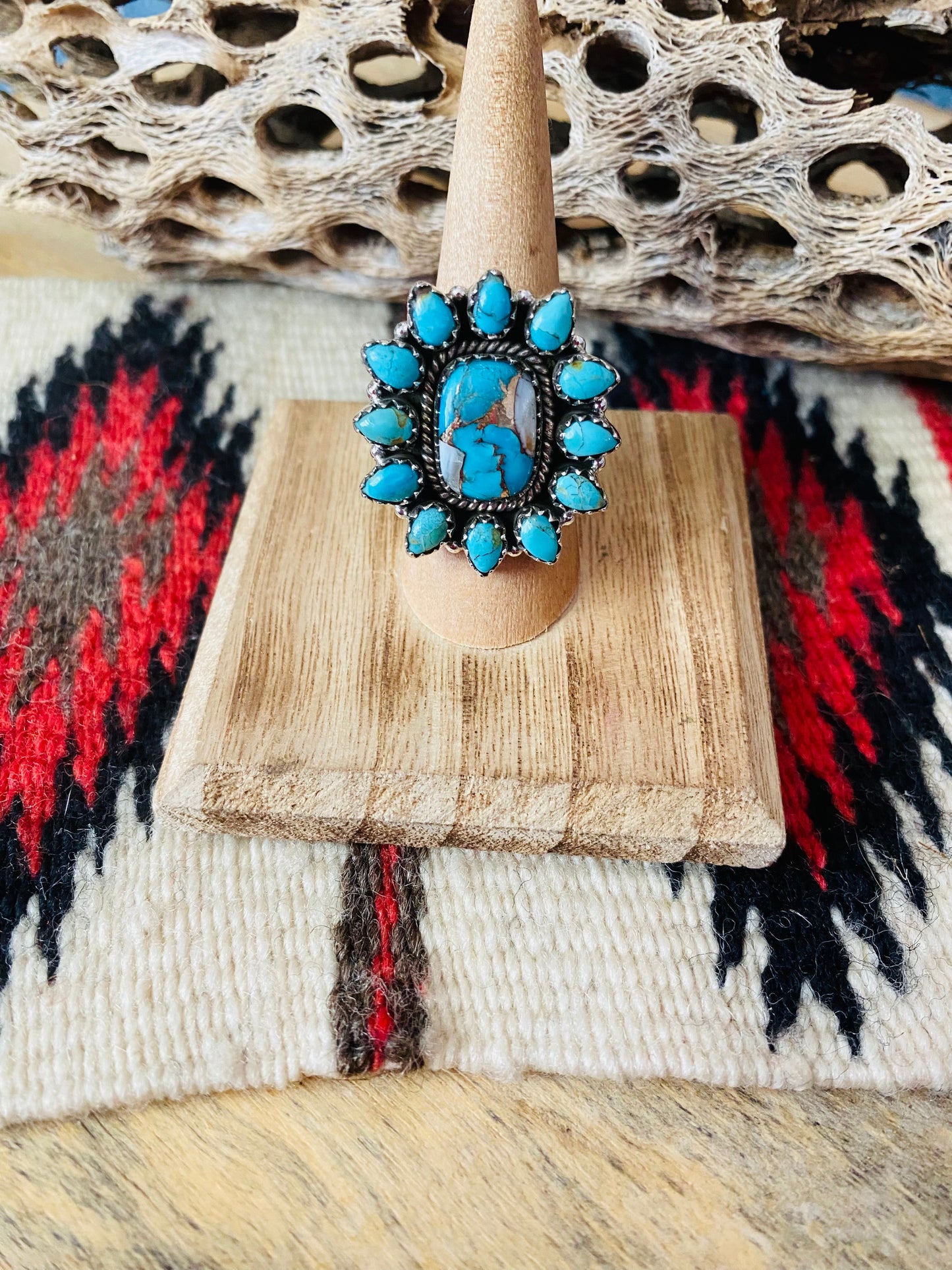 Handmade Sterling Silver, Spice & Turquoise Cluster Adjustable Ring