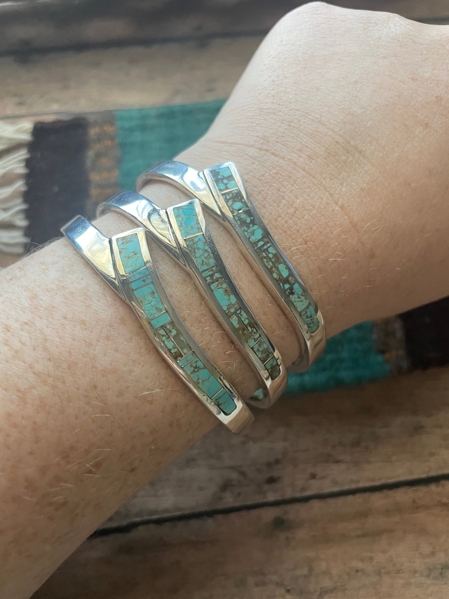 Navajo Handmade Sterling & Number 8 Turquoise Inlay Cuff Bracelet