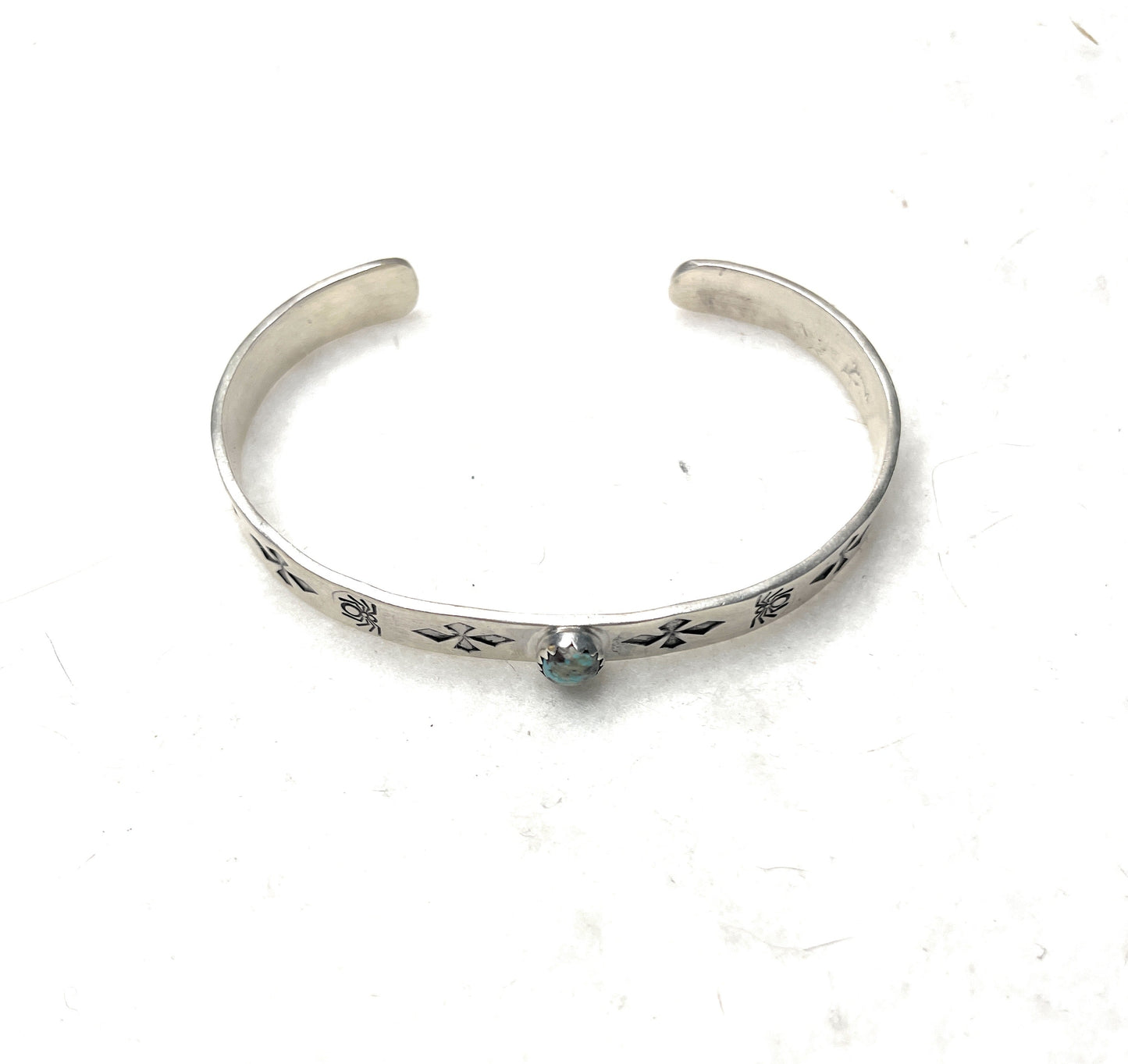 Navajo Hand Stamped Sterling Silver & Turquoise Cuff Bracelet Signed B Shorty