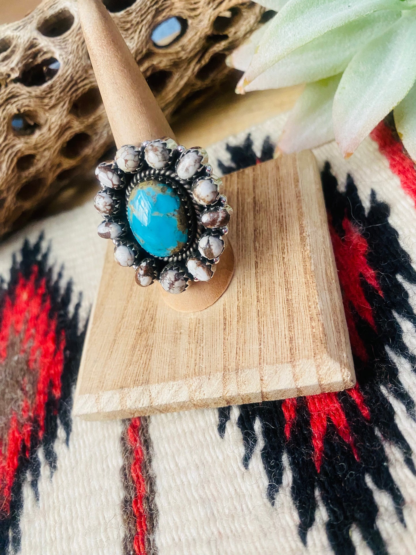 Handmade Sterling Silver, Wild Horse & Turquoise Cluster Adjustable Ring