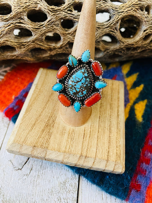 Handmade Sterling Silver, Coral & Number 8 Turquoise Cluster Adjustable Ring