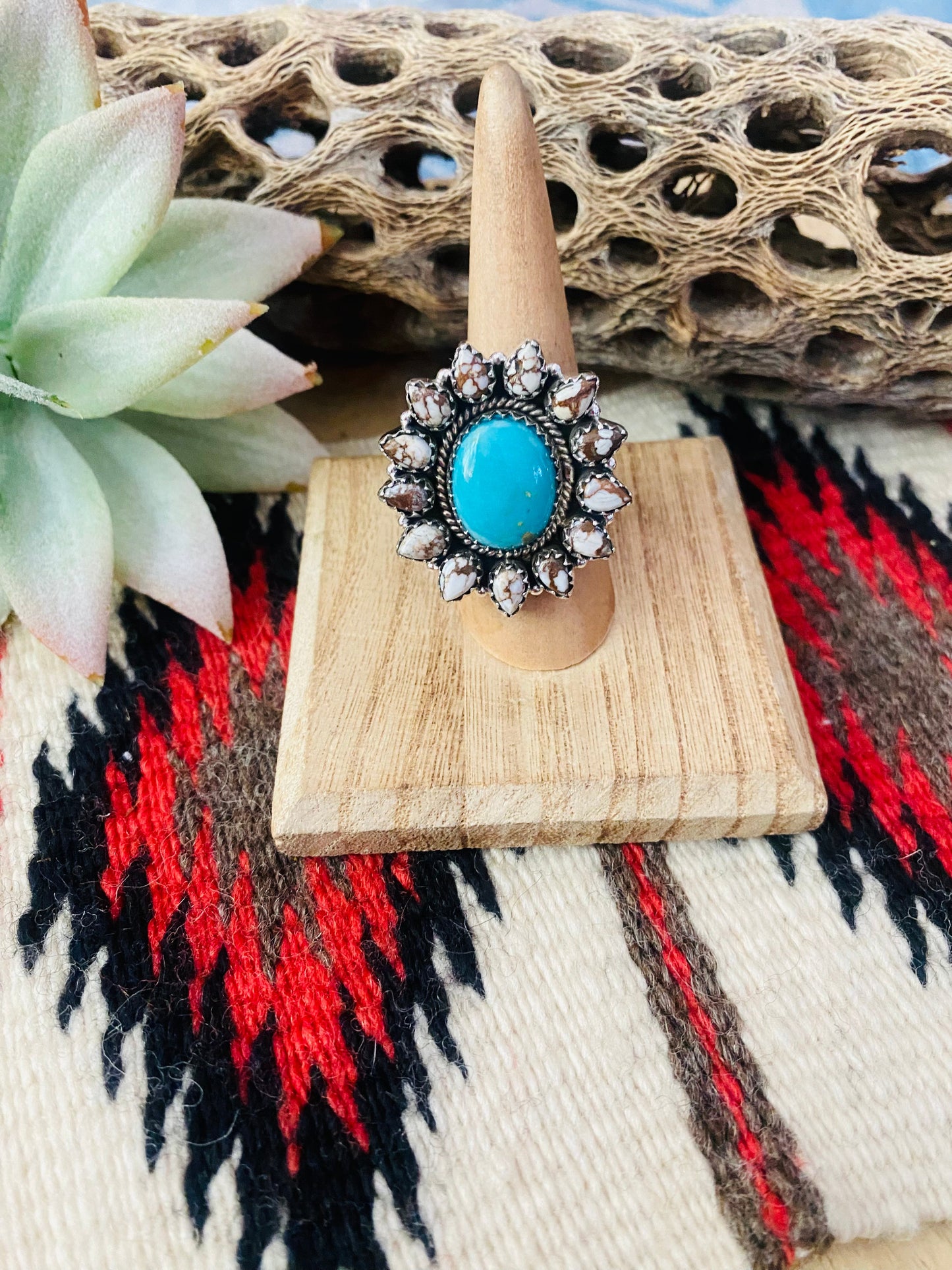 Handmade Sterling Silver, Wild Horse & Turquoise Cluster Adjustable Ring