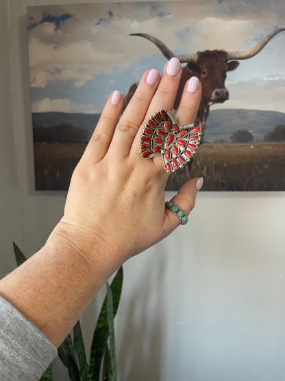 Navajo Coral And Sterling Silver Adjustable Butterfly Ring Signed