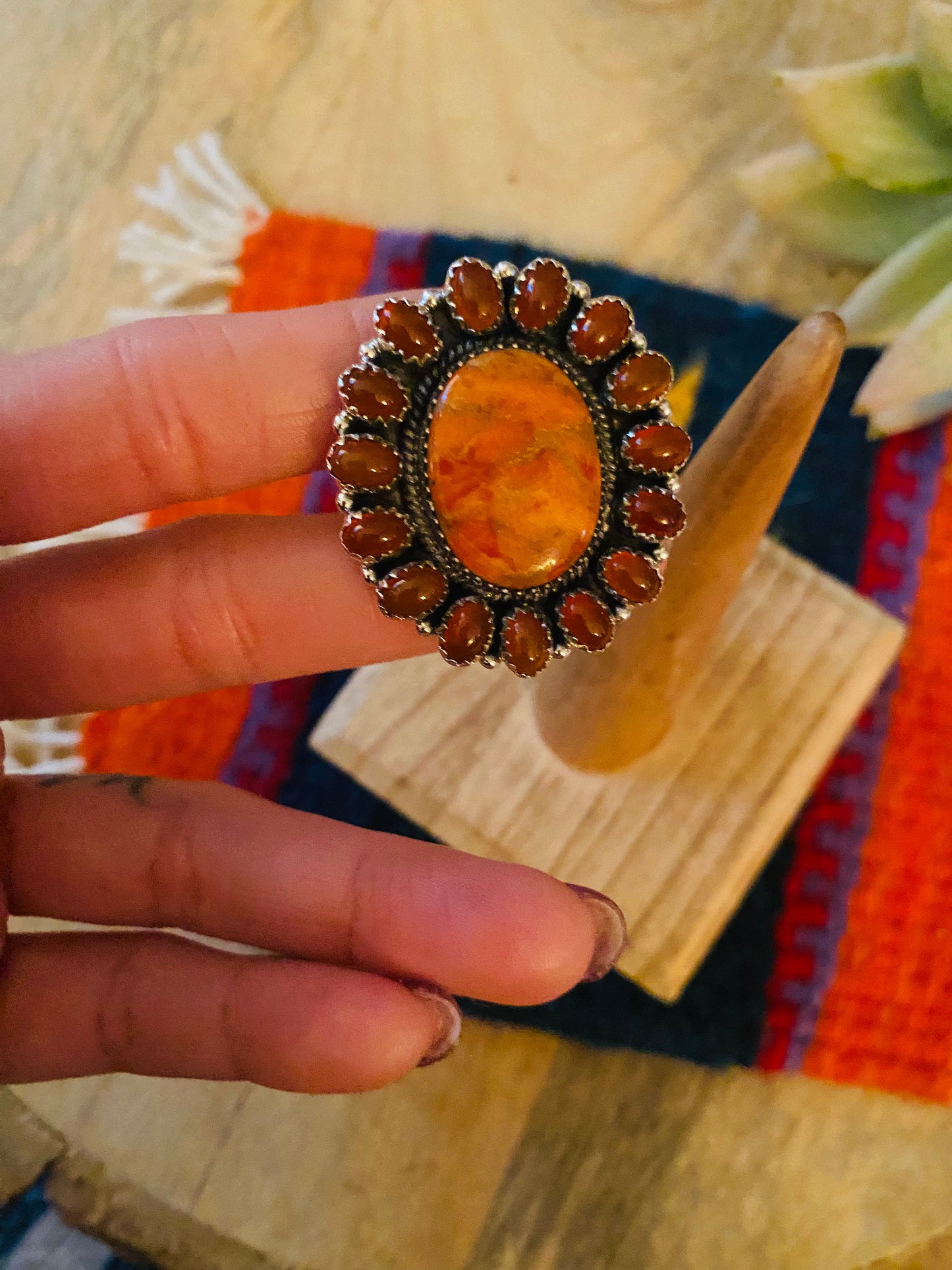 Handmade Sterling Silver, Carnelian & Spiny Mohave Cluster Adjustable Ring