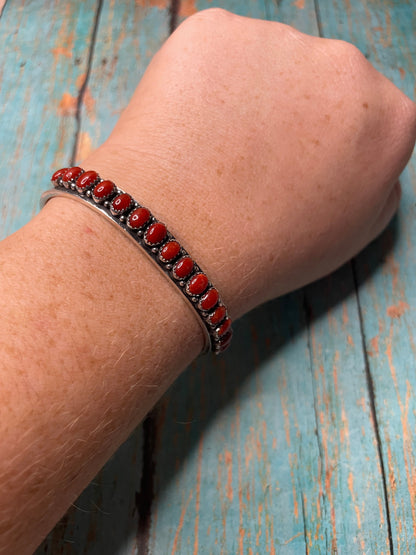 Navajo Natural Coral & Sterling Silver Cuff Bracelet Signed