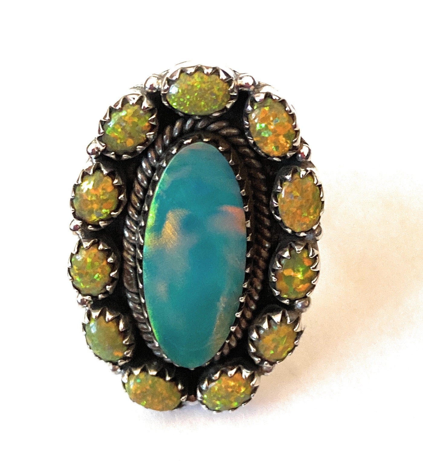 Handmade Sterling Silver & Aurora Opal Cluster Adjustable Ring