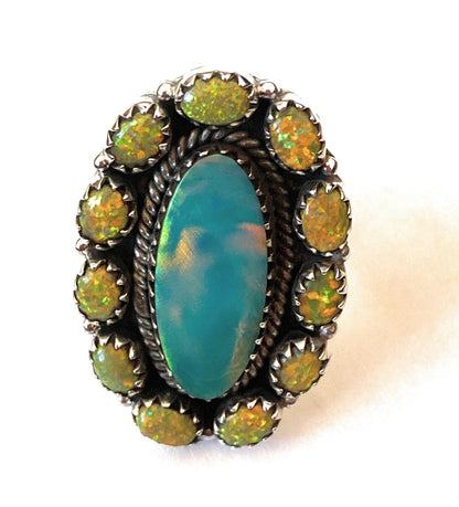 Handmade Sterling Silver & Aurora Opal Cluster Adjustable Ring