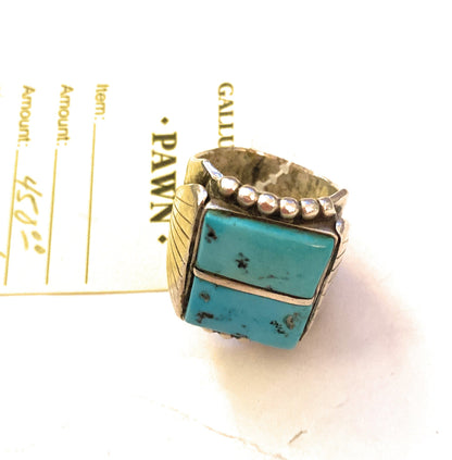 Old Pawn Vintage Navajo Sterling Silver & Turquoise Inlay Ring Size 10.5