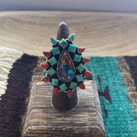 Handmade Sterling Silver Pink Dream, Natural Coral & Turquoise Cluster Adjustable Ring Signed Nizhoni