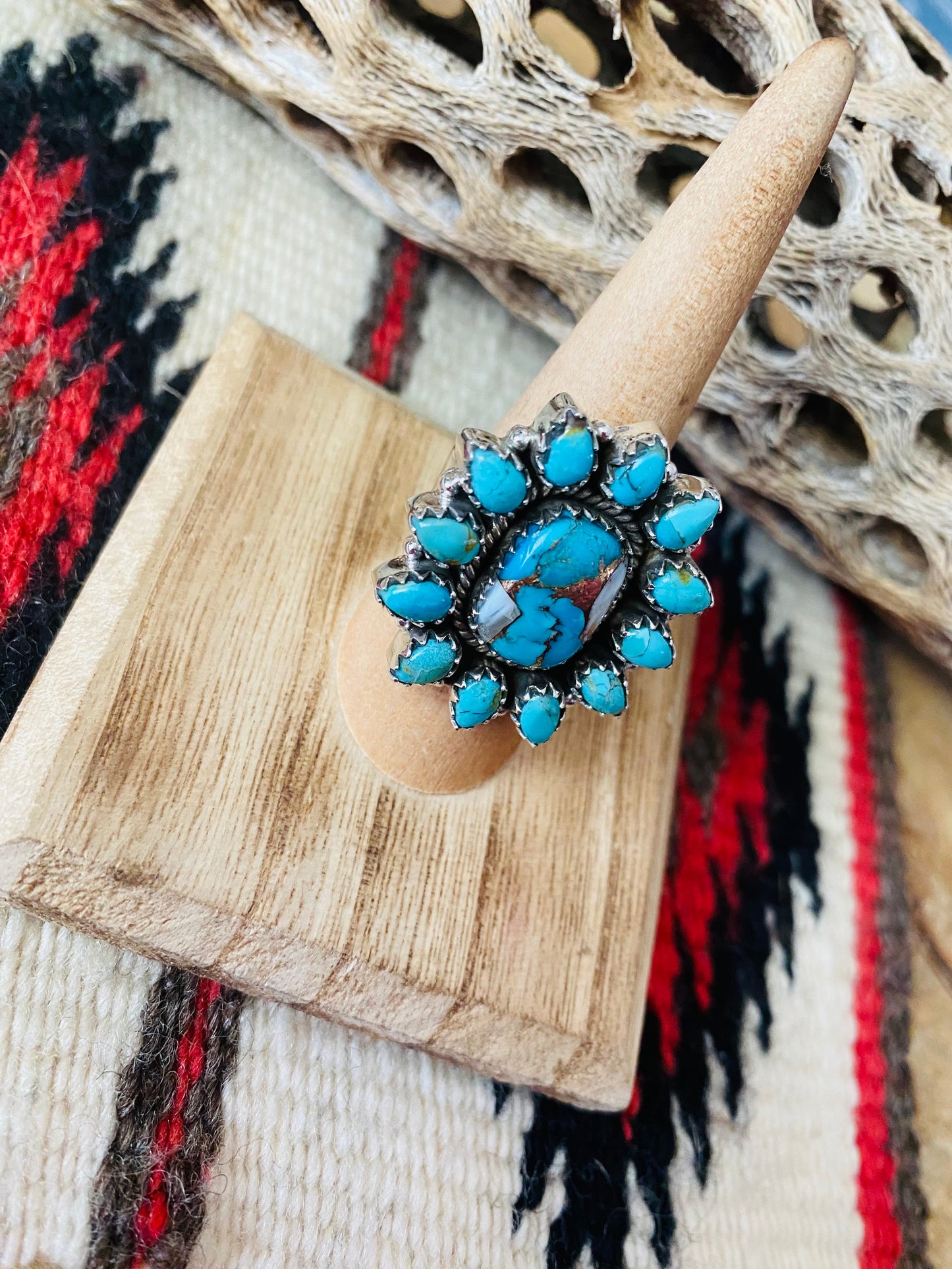 Handmade Sterling Silver, Spice & Turquoise Cluster Adjustable Ring