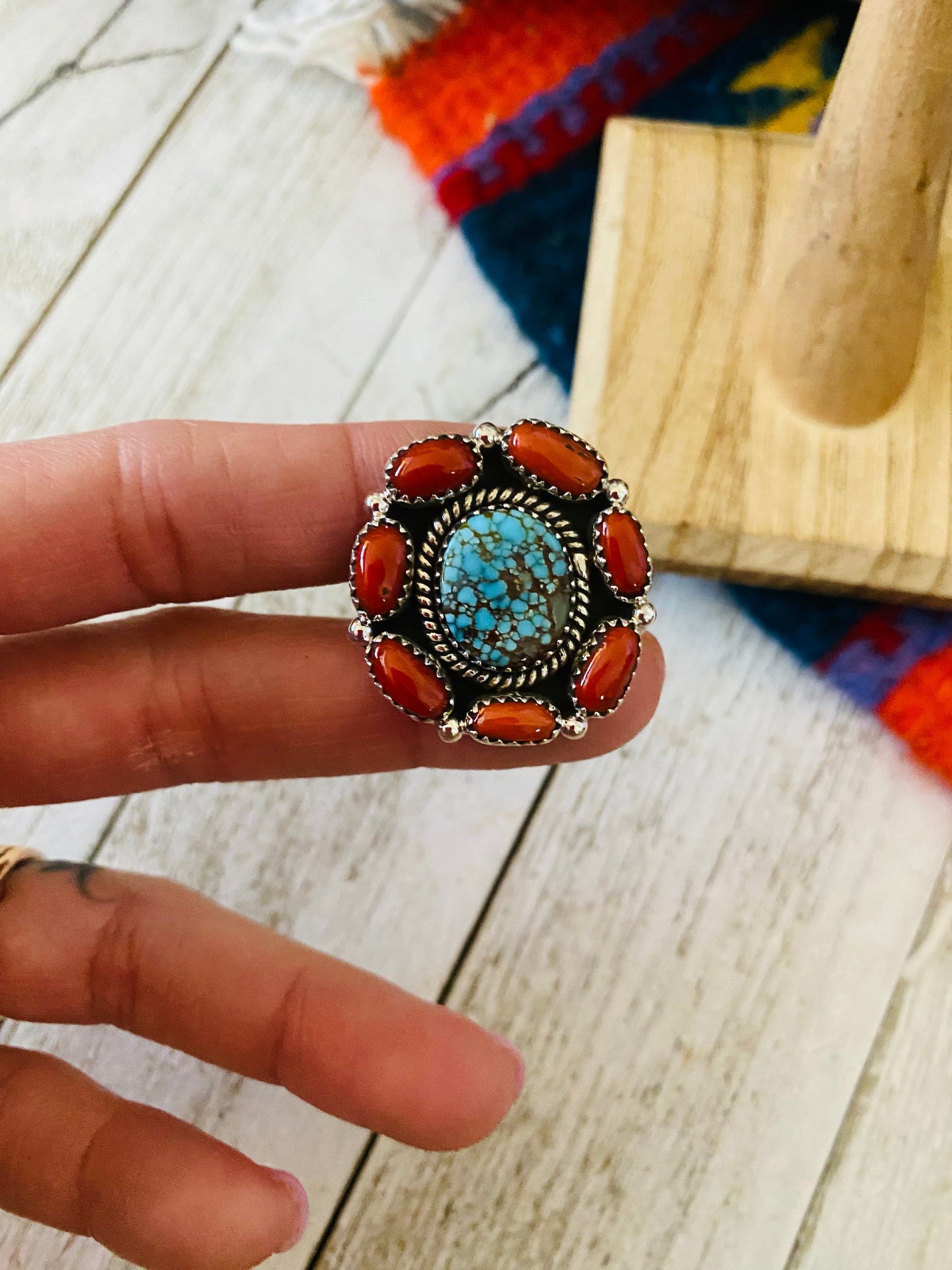 Handmade Sterling Silver, Coral & Number 8 Turquoise Cluster Adjustable Ring