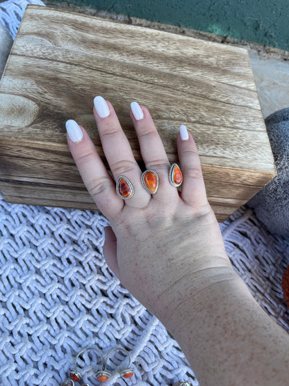 Navajo Sterling Silver And Light Orange Spiny Adjustable Triple Threat Knuckler Ring