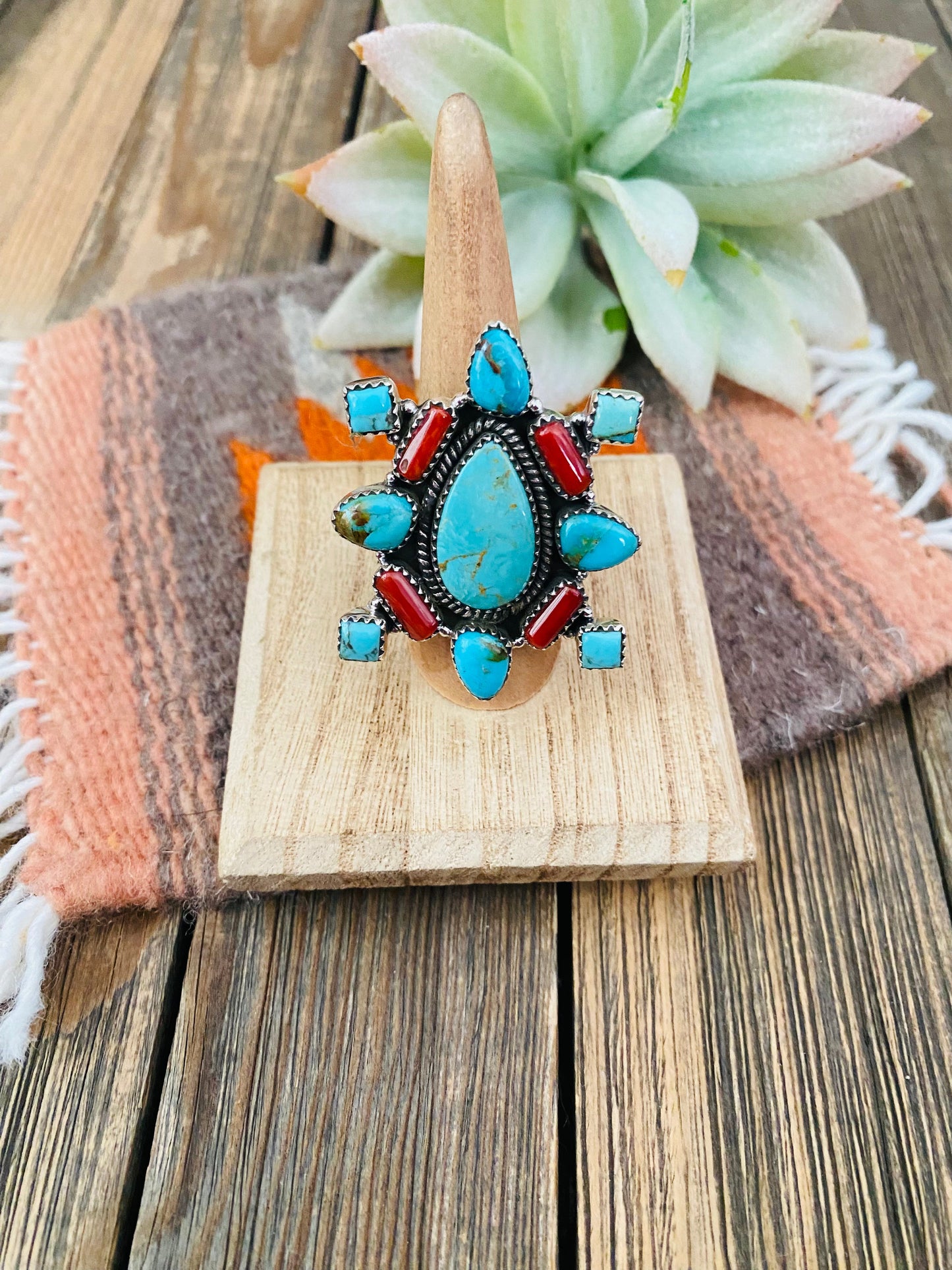 Handmade Sterling Silver, Turquoise & Coral Cluster Adjustable Ring