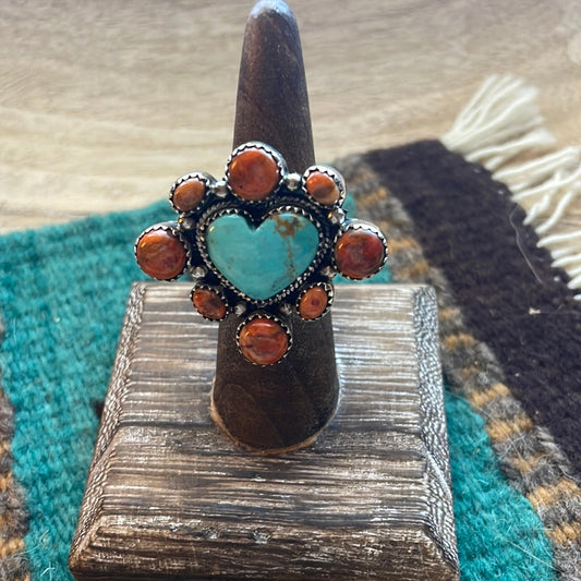 Beautiful Handmade Turquoise, Orange Mojave And Sterling Silver Adjustable Ring Signed Nizhoni