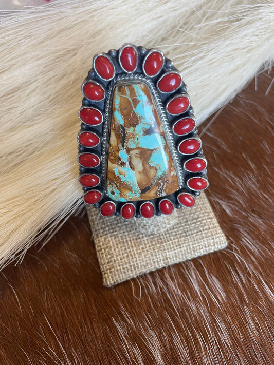 Navajo Number 8 Turquoise, Coral & Sterling Silver Ring Size 6 Signed G James