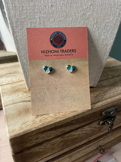 Zuni Sterling Silver, Malachite, Mother of Pearl Stud Heart Earrings