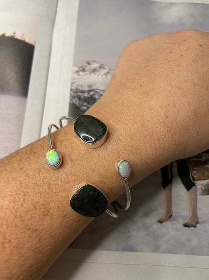 Navajo Black Onyx And Opal Sterling Silver Cuff Bracelet Signed