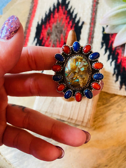 Handmade Sterling Silver, Turquoise, Coral & Lapis Cluster Adjustable Ring