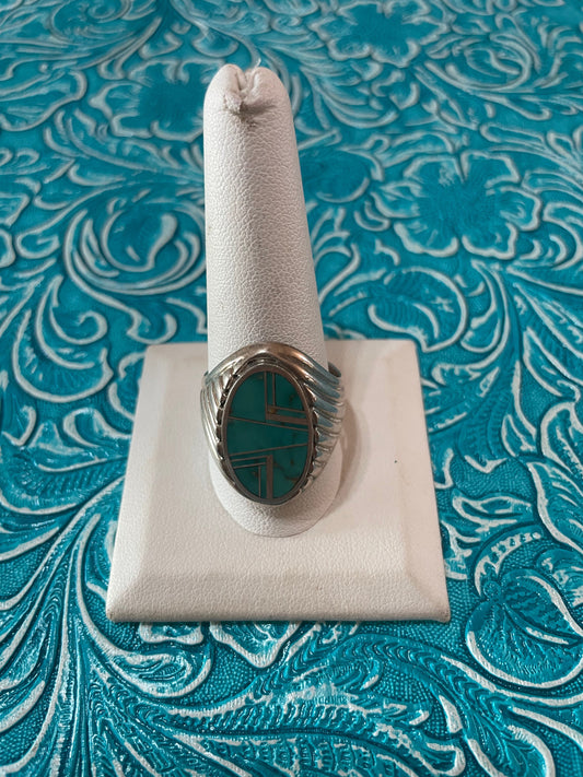 Old Pawn Navajo Sterling Silver & Turquoise Inlay Ring Size 11