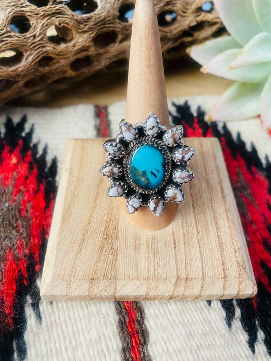 Handmade Sterling Silver, Wild Horse & Turquoise Cluster Adjustable Ring