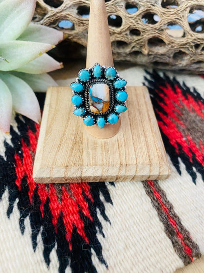 Handmade Sterling Silver, Spice & Turquoise Cluster Adjustable Ring