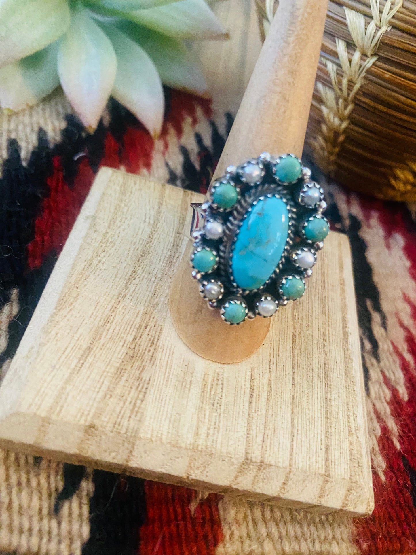 Handmade Sterling Silver, Turquoise & Pearl Cluster Adjustable Ring