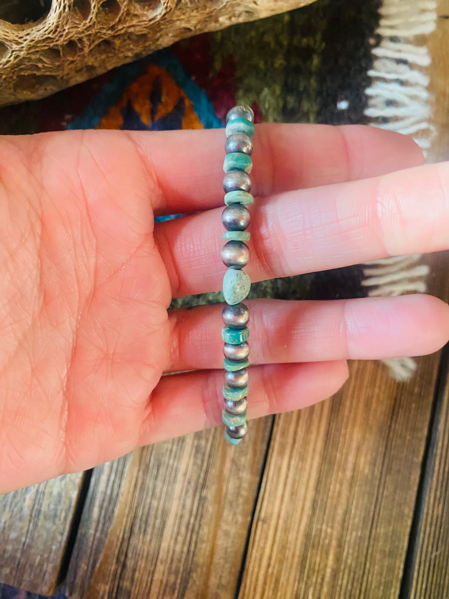 Handmade Turquoise & Sterling Silver Beaded Stretch Bracelet