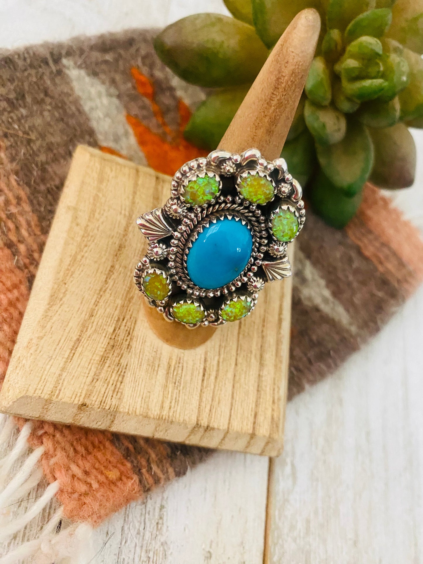 Handmade Sterling Silver, Turquoise & Opal Cluster Adjustable Ring